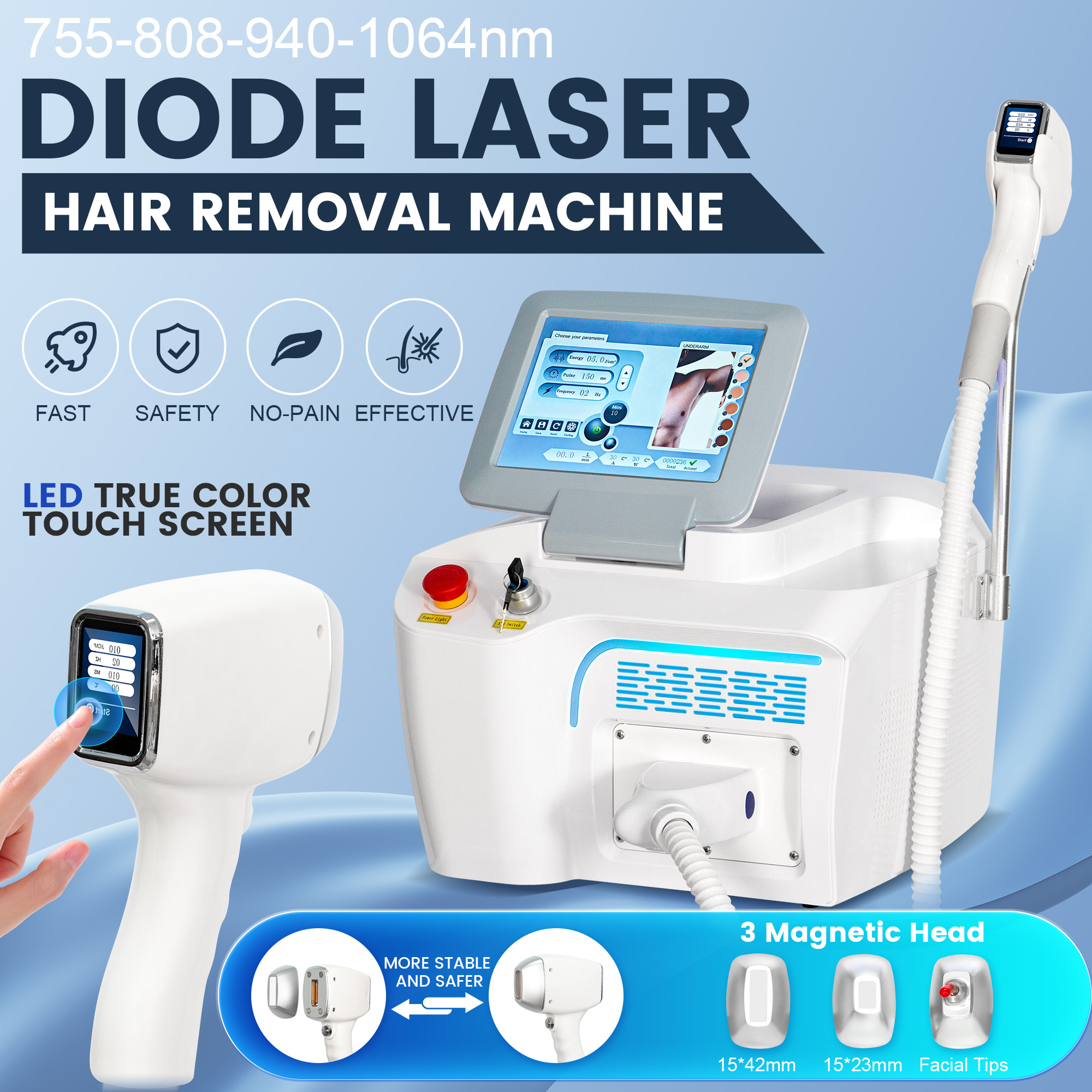Diode Laser Hair Removal Foldable HD Touch Screen for All Skin Types 808 755 940 1064nm Painless Permanent Fast Cooling Ice Sapphire Technology