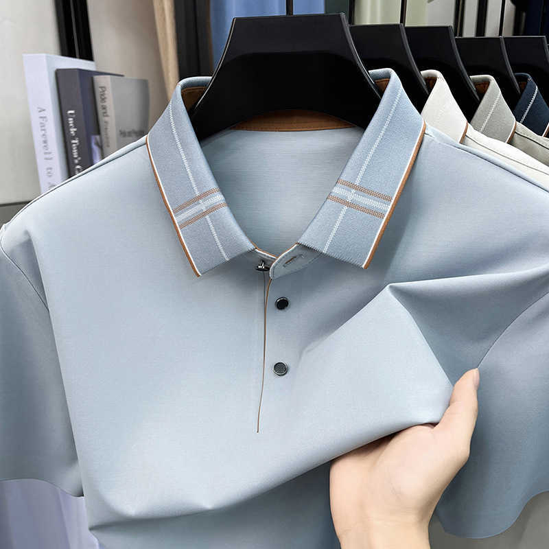 Summer seamless short-sleeve T-shirt new style with mulberry silk collared casual and trendy fashion polo shirt for middle-aged men