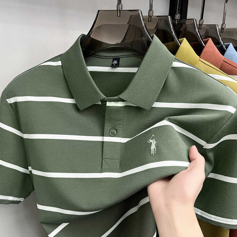 Long-staple cotton yarn-dyed short-sleeve polo shirt for men 2026 summer new style striped with a small horse logo embroidered mens t-shirt