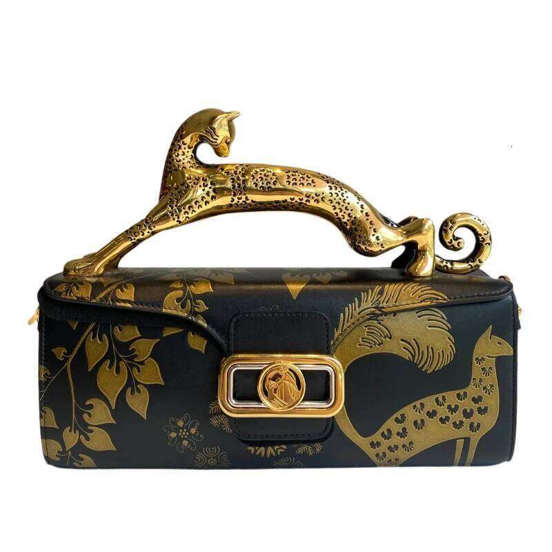 Luxury Pencil Cat Top Handle Women New Gold Leaf Embossed Box Shape Shoulder Bag Fashion Chic Designer Evening Clutch Purse KABAHEBINGJUE