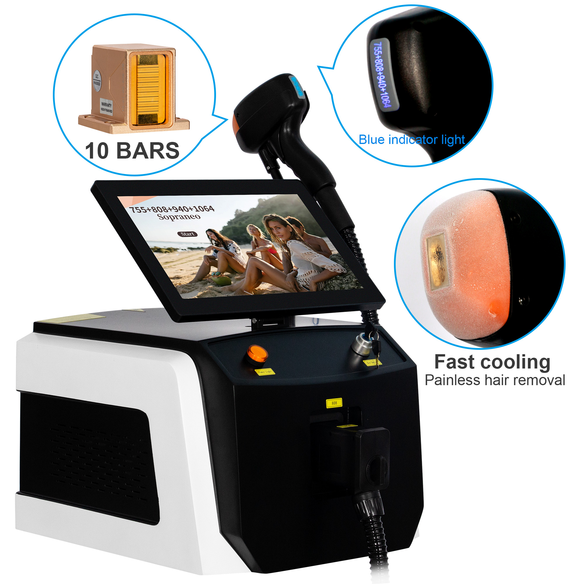 4 Wavelengths Diode Laser Hair Removal System 755nm 808nm 940nm 1064nm High Energy Stack Mode Painless Hair Reducer For Body Legs Face
