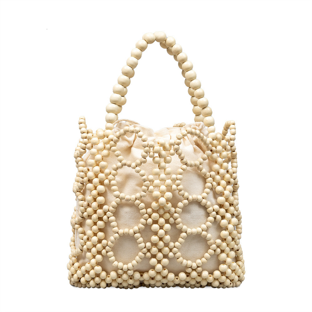 Fashion Wooden Beading Women Handbags er Hollow Small Tote Lady Handbags Summer Beach Bag Bali Shopper Purses 240907