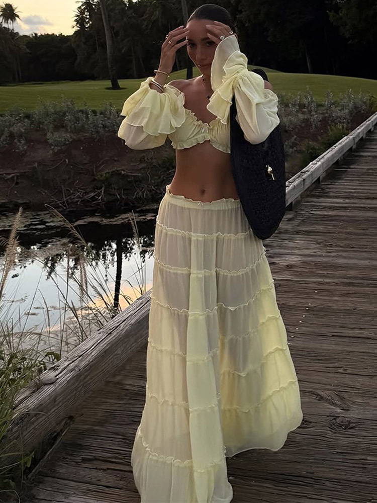 Casual Dresses Ruffle Beach Cover Up Women Bandage Long Sleeve Dress High Waist Ups Summer Beachwear Clothing