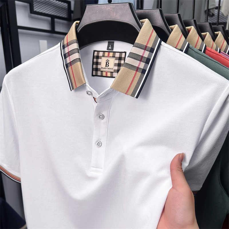 Summer plaid business casual mens polo shirt with a turn-down collar fashionable simple versatile breathable and comfortable top