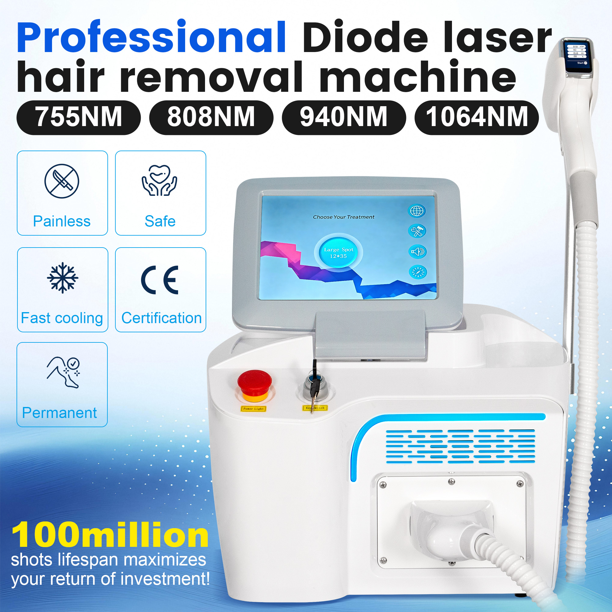 Diode Laser Hair Removal Foldable HD Touch Screen for All Skin Types 808 755 940 1064nm Painless Permanent Fast Cooling Ice Sapphire Technology