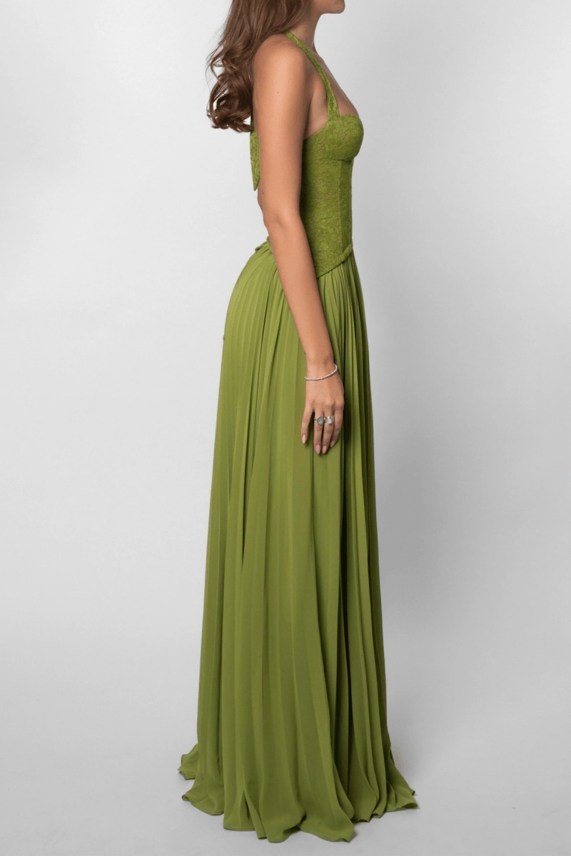 Casual Dresses Green Fishbone Corset Halter Maxi Dress Women Backless Off Shoulder Pleated Patchwork Slim Lady Christmas Party Gown