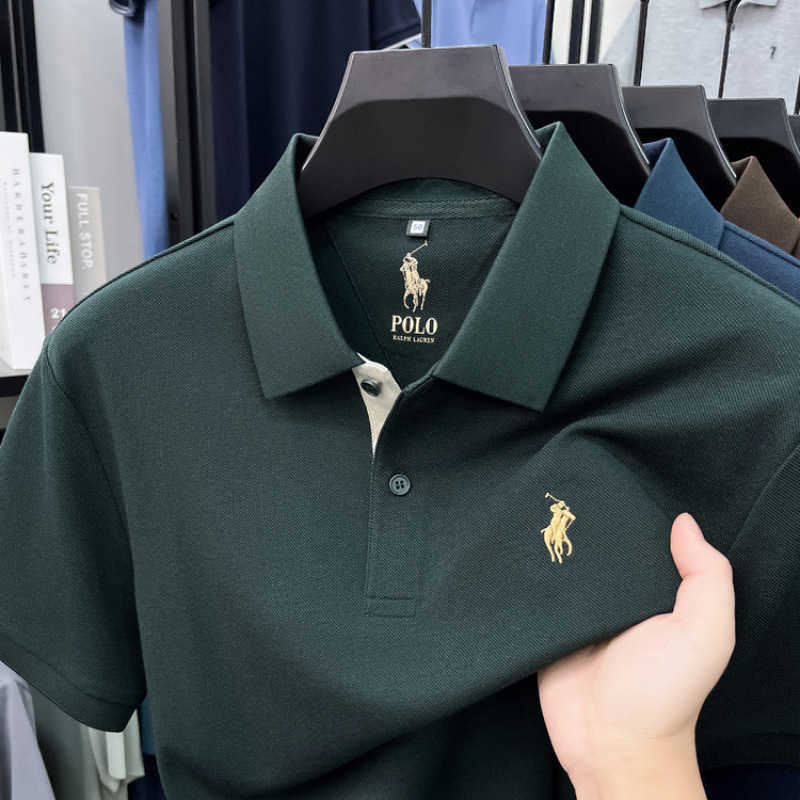 Silk Modal CottonMens Summer Turn-down Collar Polo Shirt with Pony Logo Casual Short Sleeve T-shirt