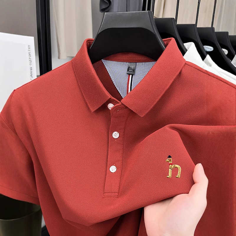 2025 Mens New Embroidered Short-Sleeve T-Shirt Summer Thin Casual Versatile Solid Color Breathable Polo Shirt for Men