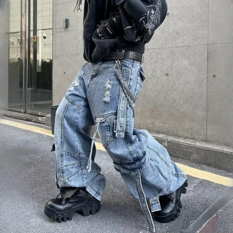 Cyber Y2K Streetwear Washed Blue Baggy Ripped Cargo Jeans Pants For Men Clothing Wide Leg Vintage Loose Punk Denim Trousers 260618CJ - view 6
