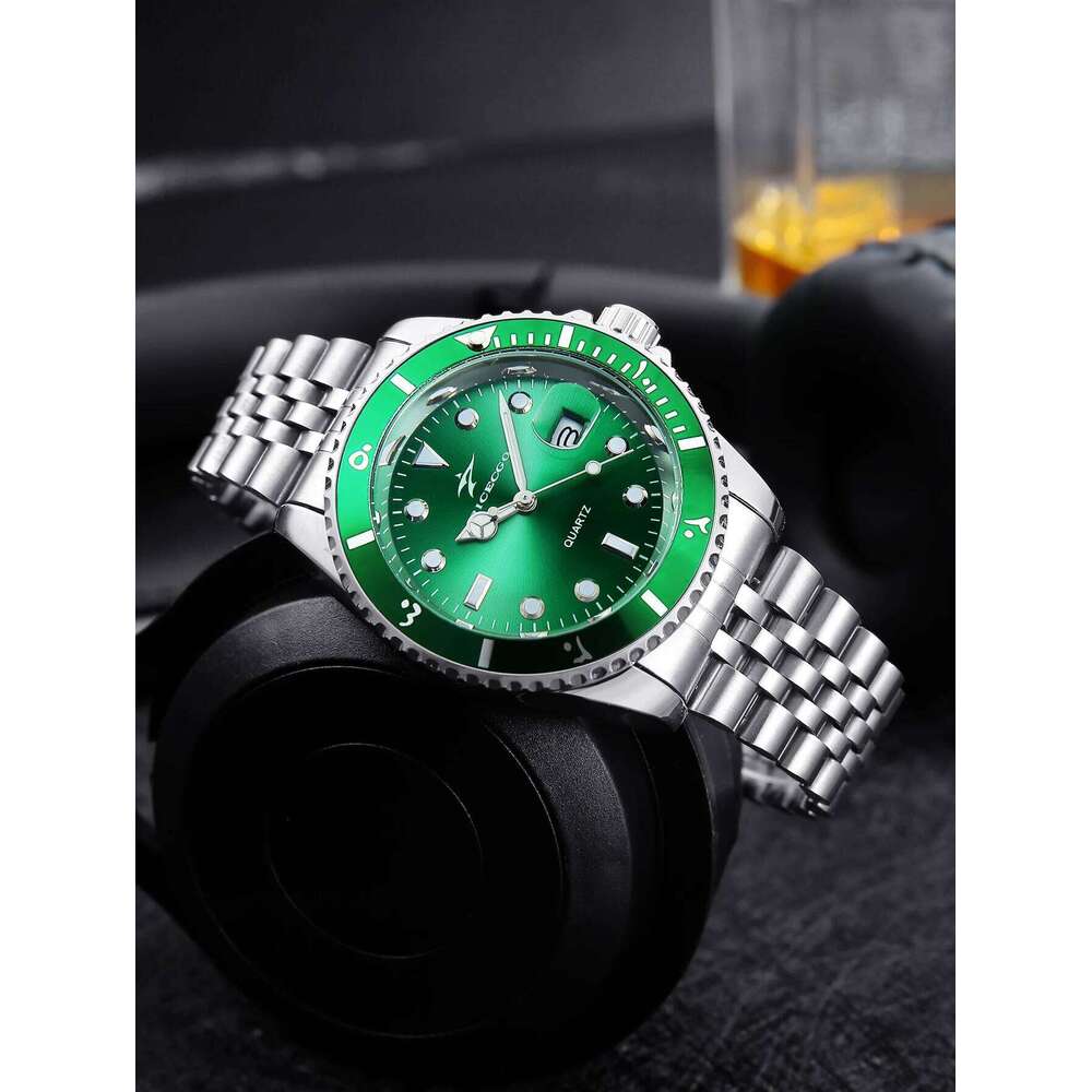 RICECGO Steel Strip Quartz Night Light Hands Sports and Leisure Black Green Disc Calendar Men's Watch 26L0603 - view 7