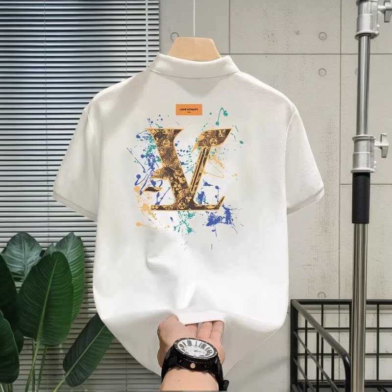 White collared polo shirt for men short-sleeved new summer style with back print trendy casual versatile T-shirt top