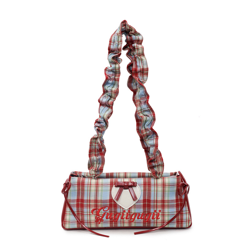 designer 2026 New Popular and Stylish Women's Handbag - Small - niche Checkered Bow - adorned Underarm Bag Dopamine - inspired Ruffled Shoulder B