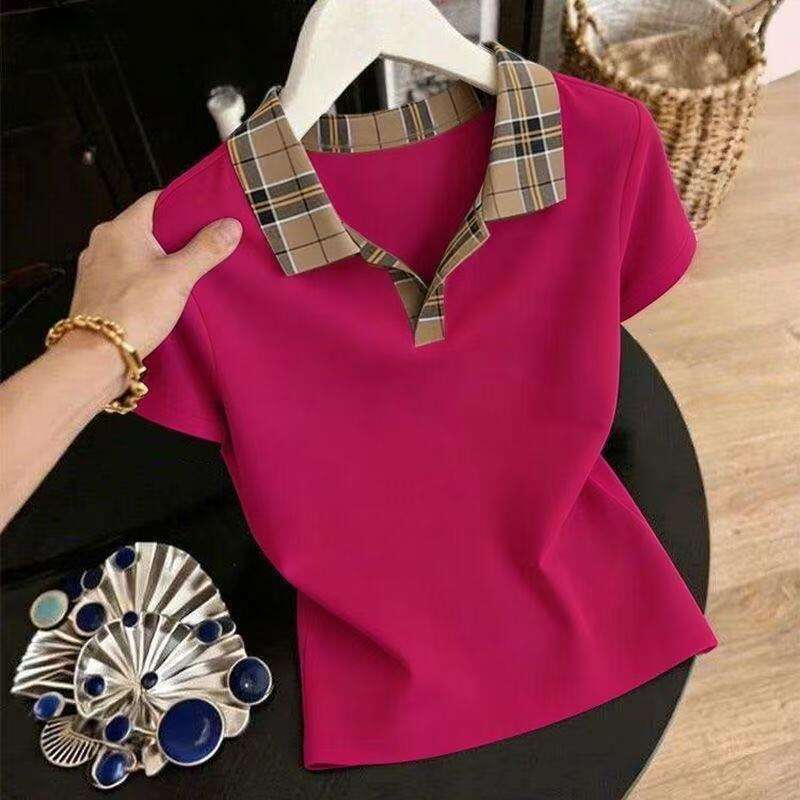 Casual Summer Ladies Short Sleeve T-Shirt Loose Fit Plaid Collar Top Trendy Commute Daily Wear Polyester Fiber Comfortable - view 6