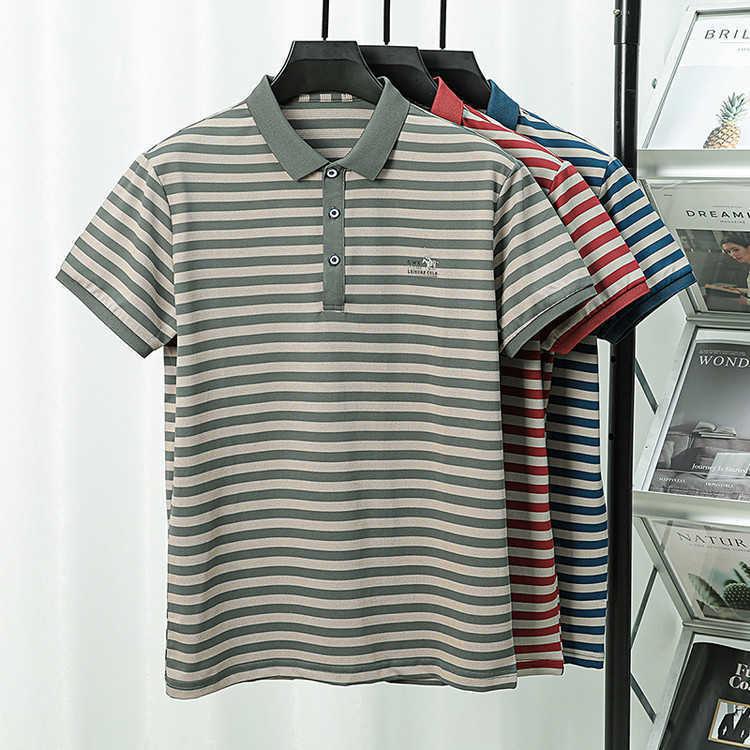T-shirt Striped POLO Mercerized Cotton Short Sleeve Shirt Turn-down Collar Casual Versatile Business Mens Top