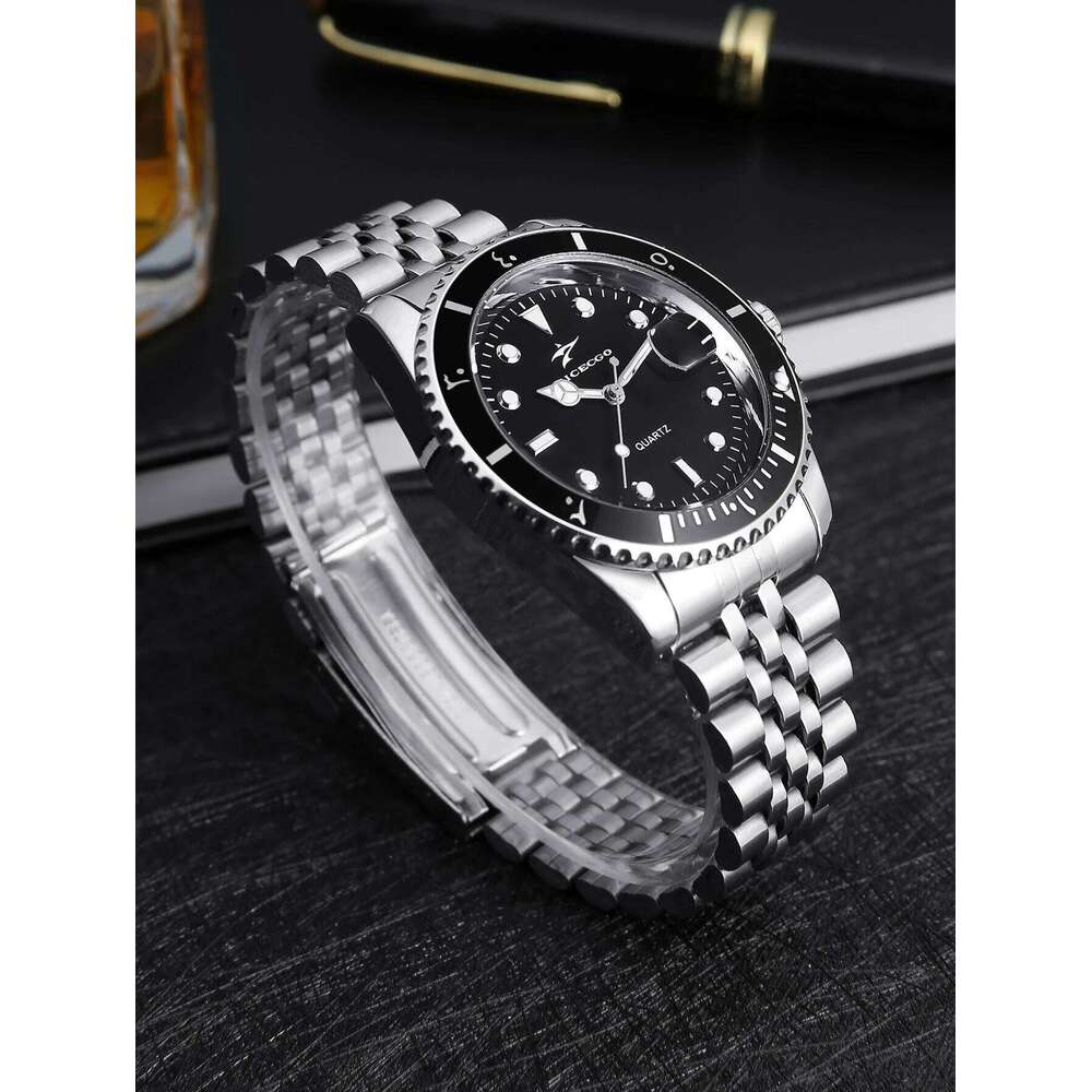 RICECGO Steel Strip Quartz Night Light Hands Sports and Leisure Black Green Disc Calendar Men's Watch 26L0603 - view 5