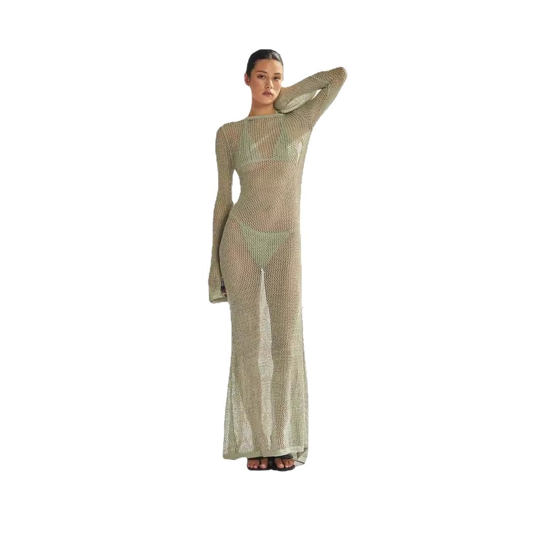 Womens summer new knitted long sleeved backless sexy perspective floor long dress 250313
