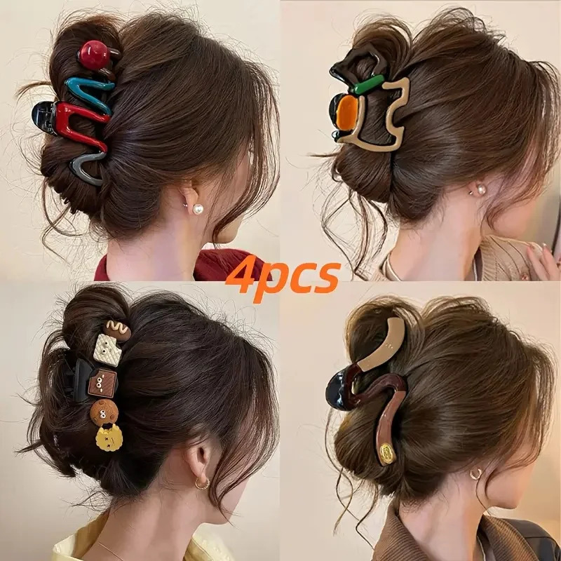 4Pcs Elegant Large Hair Claw Clips for Women Chic Wavy n with Color Accents Non-Slip Shark Clips Head Hair Accessories260528BJ