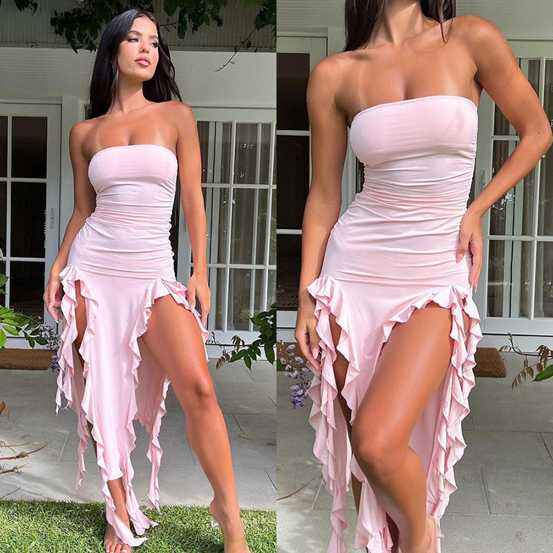 Casual Dresses Women Strapless Sexy Floral Fold Hemline High Slit Mini Dress 2026 Solid Backless Sleeveless Black And Pink Party Vestidos