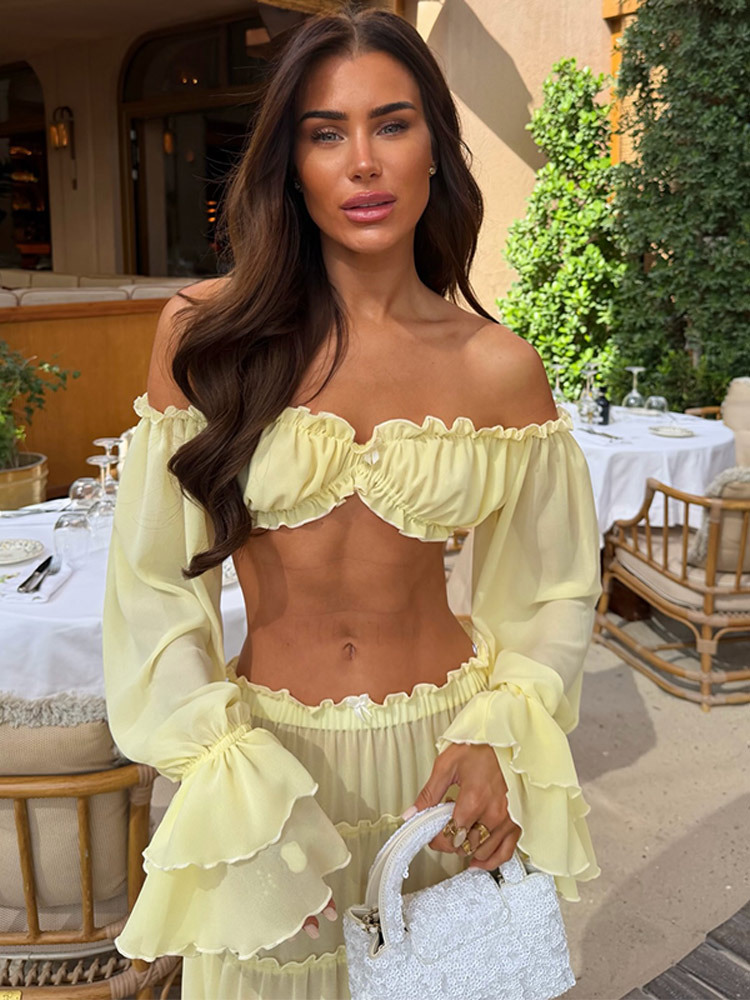 Casual Dresses Ruffle Beach Cover Up Women Bandage Long Sleeve Dress High Waist Ups Summer Beachwear Clothing