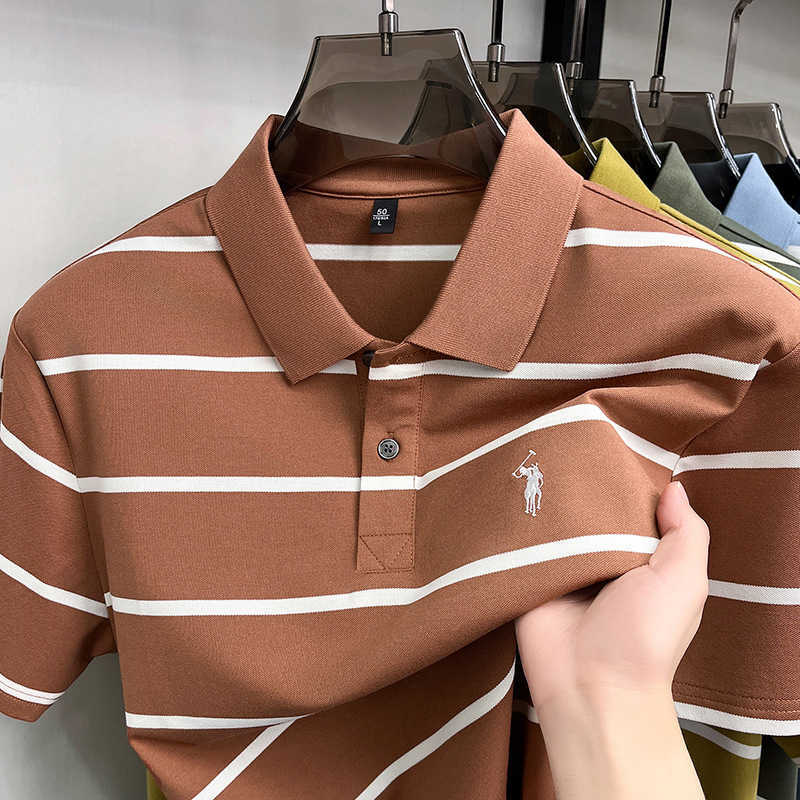Long-staple cotton yarn-dyed short-sleeve polo shirt for men 2026 summer new style striped with a small horse logo embroidered mens t-shirt