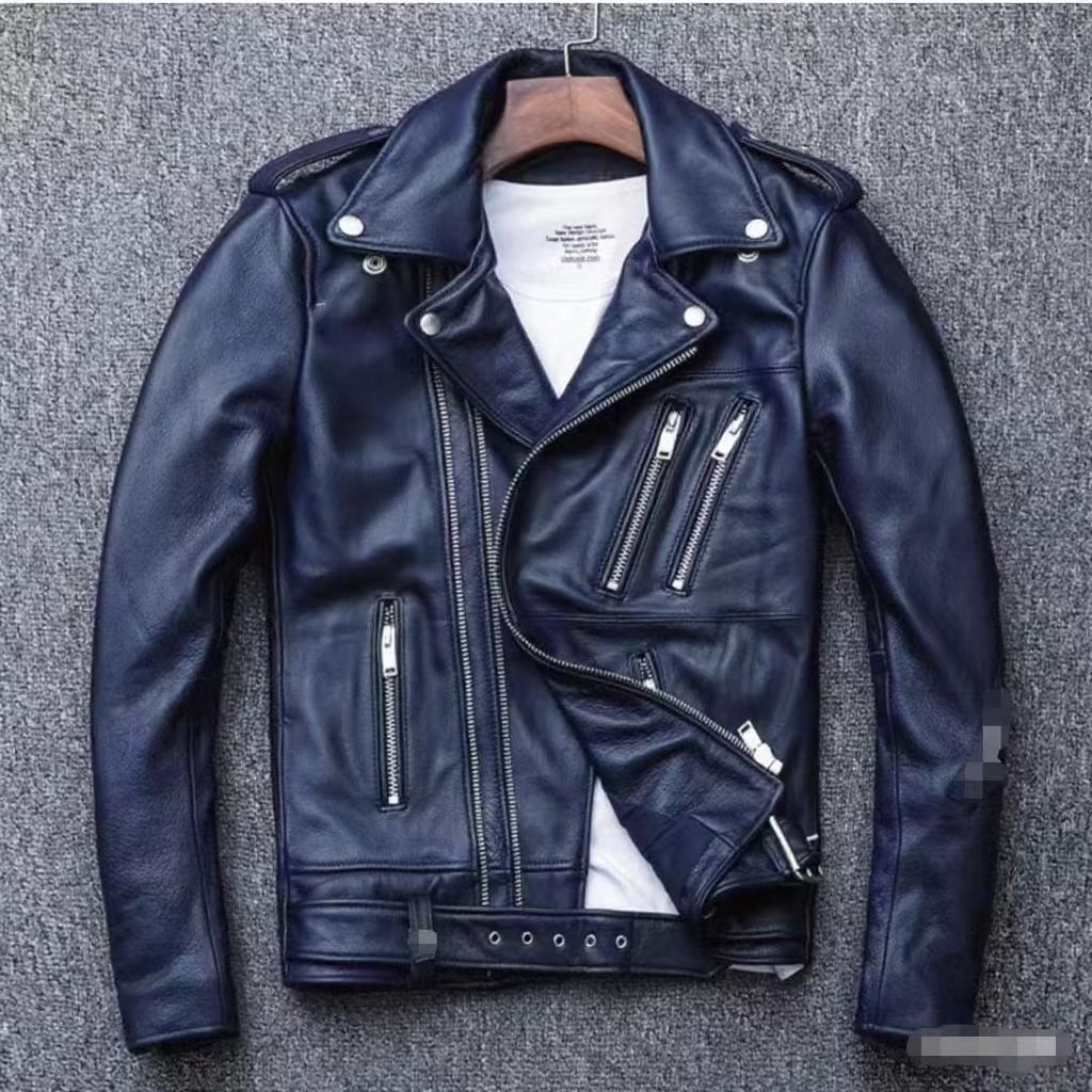 Spring Classical Motorcycle oblique zipper Jackets Men Leather Jacket Natural Calf Skin Thick Slim Cowhide Moto Jacket man 250922