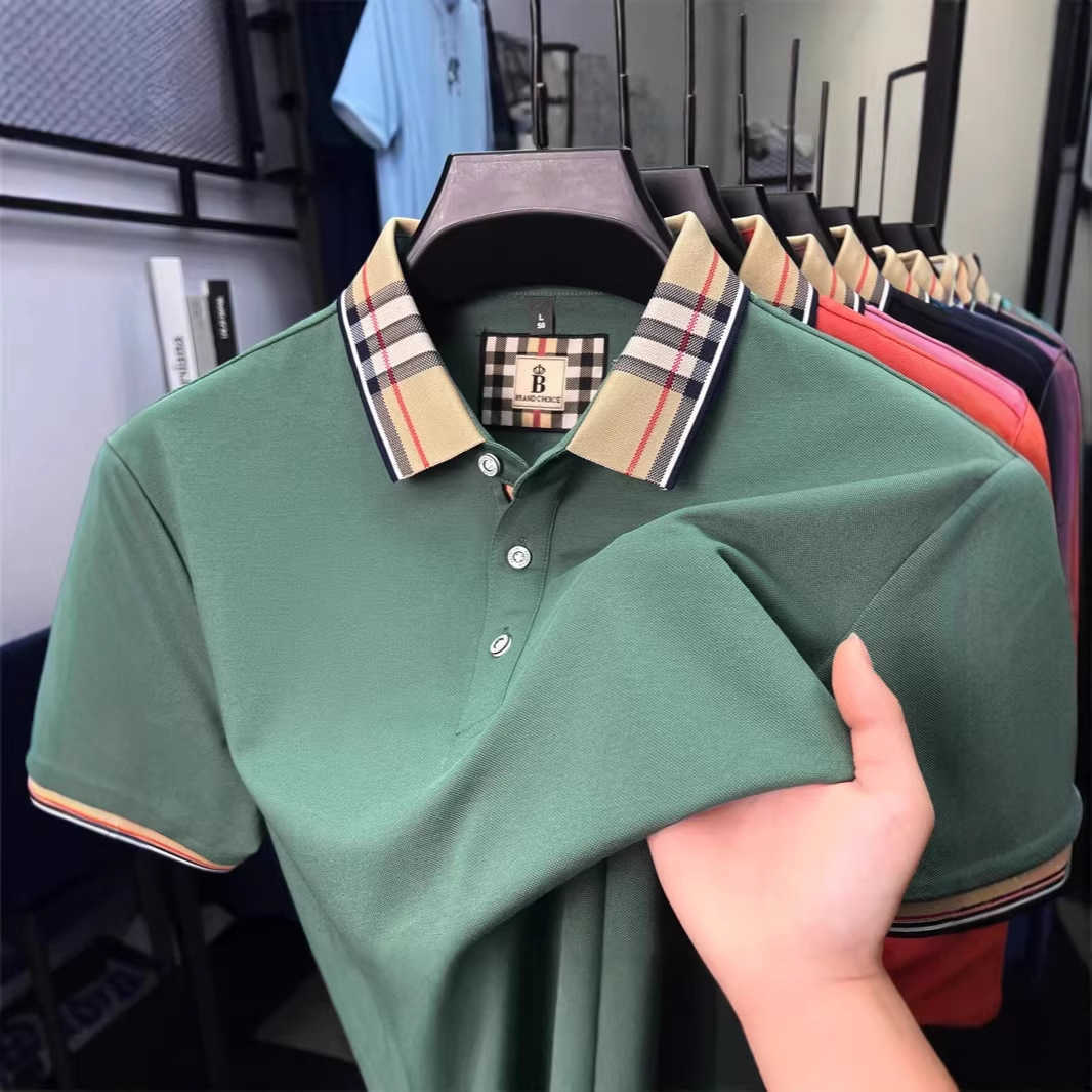 Summer plaid business casual mens polo shirt with a turn-down collar fashionable simple versatile breathable and comfortable top