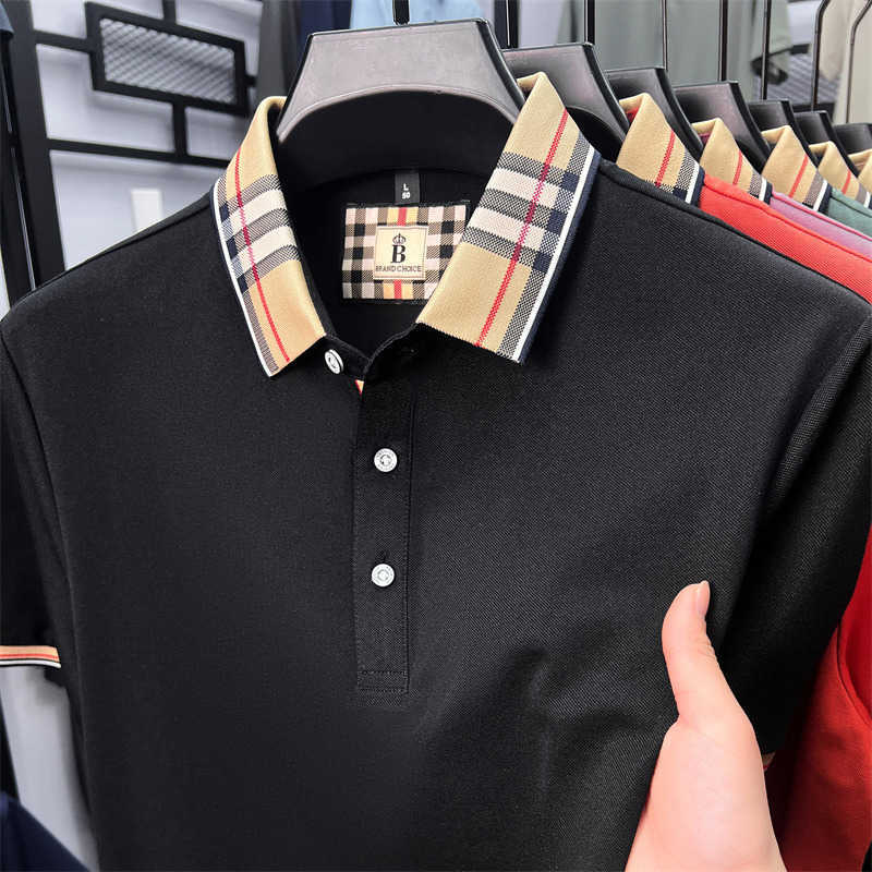 Summer plaid business casual mens polo shirt with a turn-down collar fashionable simple versatile breathable and comfortable top