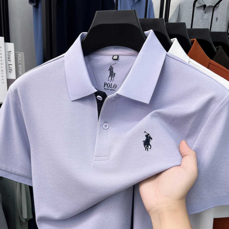 Silk Modal CottonMens Summer Turn-down Collar Polo Shirt with Pony Logo Casual Short Sleeve T-shirt
