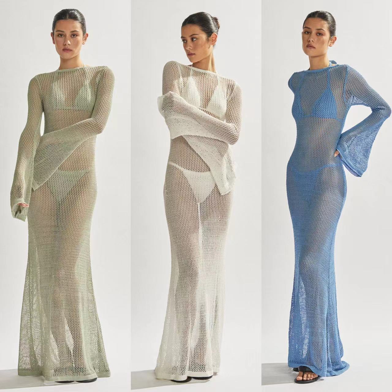 Womens summer new knitted long sleeved backless sexy perspective floor long dress 250313
