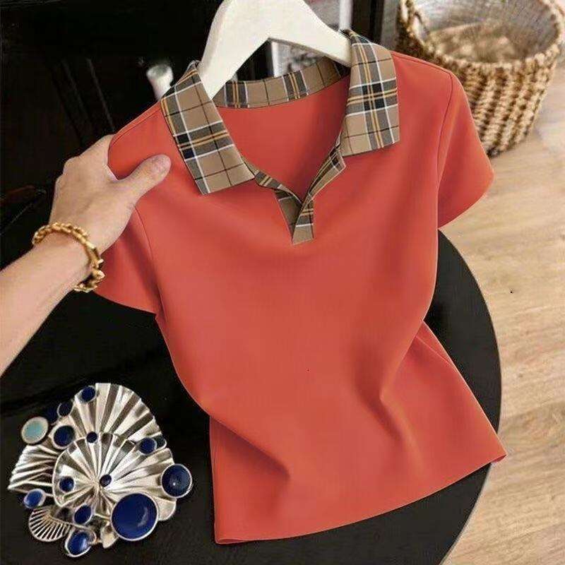Casual Summer Ladies Short Sleeve T-Shirt Loose Fit Plaid Collar Top Trendy Commute Daily Wear Polyester Fiber Comfortable