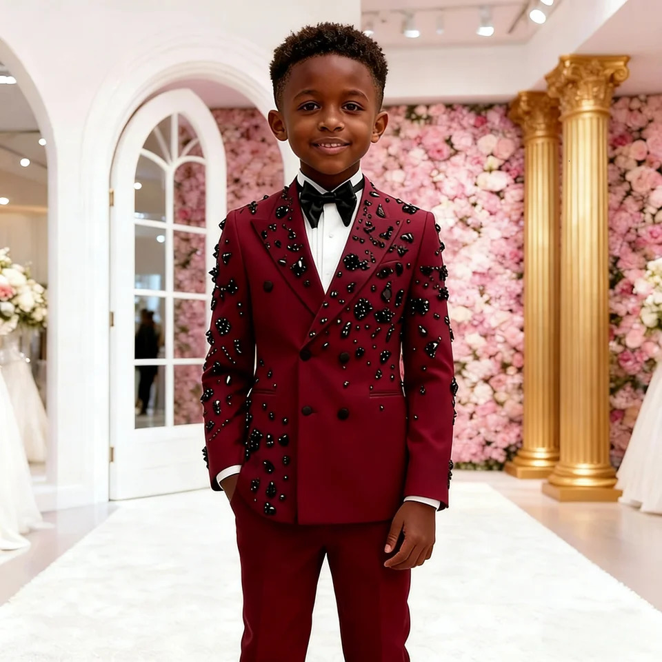 Suits For Boy Black Crystal Beaded Prom Blazers Customized 2 Pieces Double Breasted Kids Formal Party Wedding Tuxedos 260602 - view 4