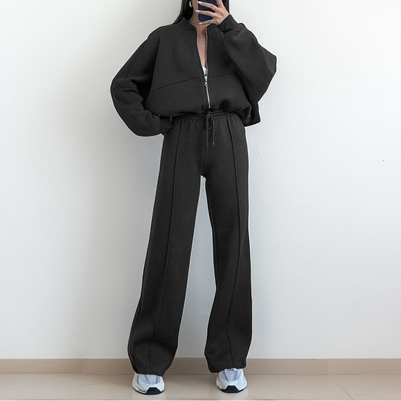 Womens solid color long sleeve cropped sweatshirt and drawstring waist sweatpants ladies hoodie set for winter womens clothing 251204