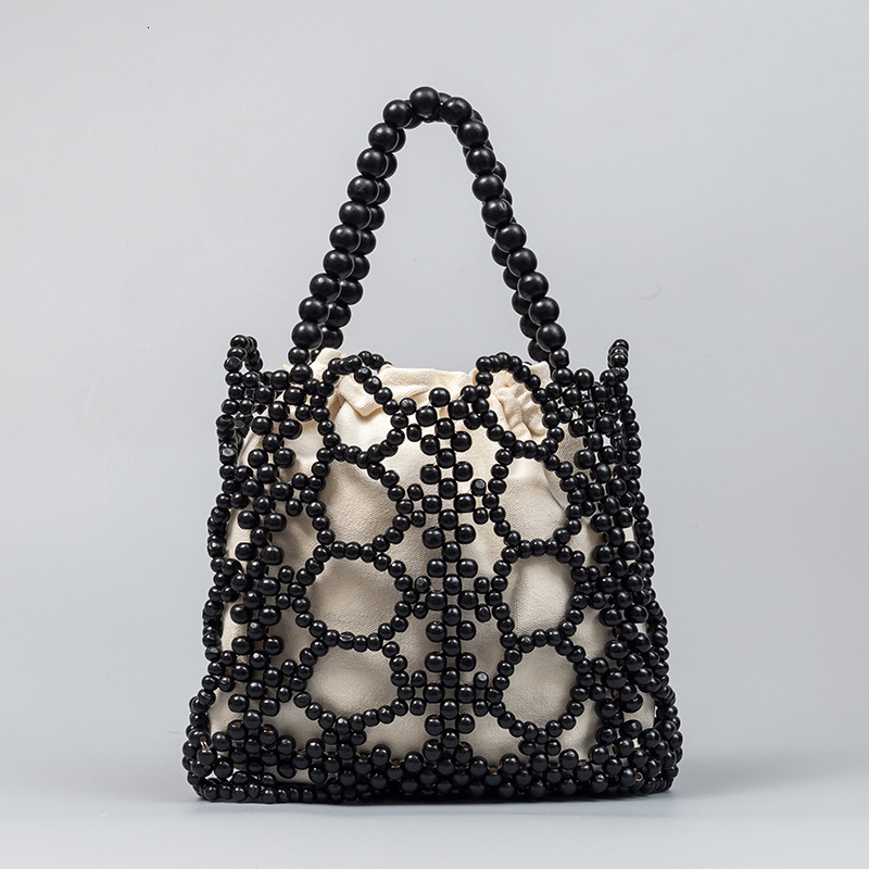 Fashion Wooden Beading Women Handbags er Hollow Small Tote Lady Handbags Summer Beach Bag Bali Shopper Purses 240907