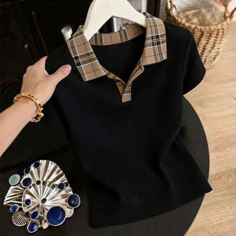 Casual Summer Ladies Short Sleeve T-Shirt Loose Fit Plaid Collar Top Trendy Commute Daily Wear Polyester Fiber Comfortable - view 3