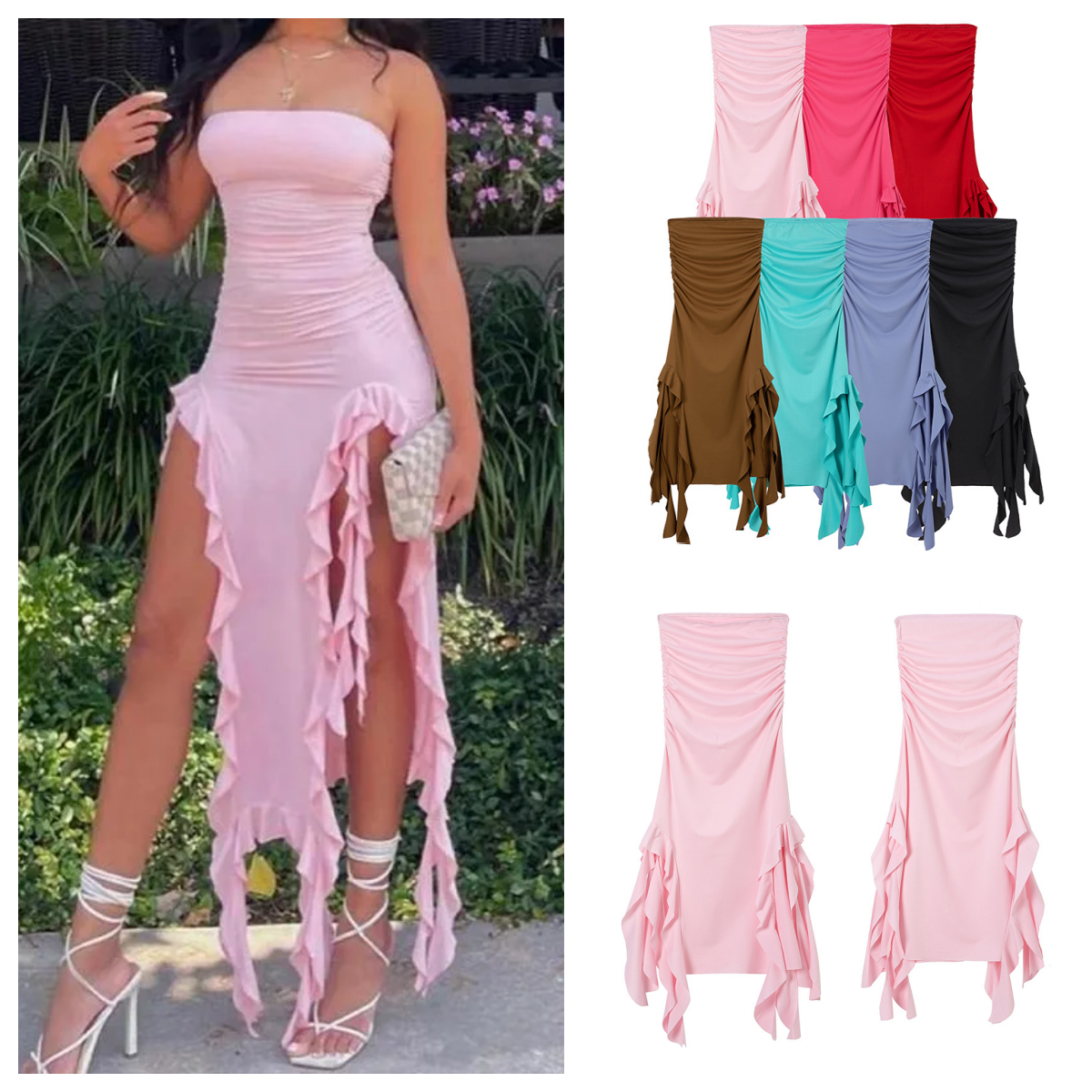 Casual Dresses Women Strapless Sexy Floral Fold Hemline High Slit Mini Dress 2026 Solid Backless Sleeveless Black And Pink Party Vestidos