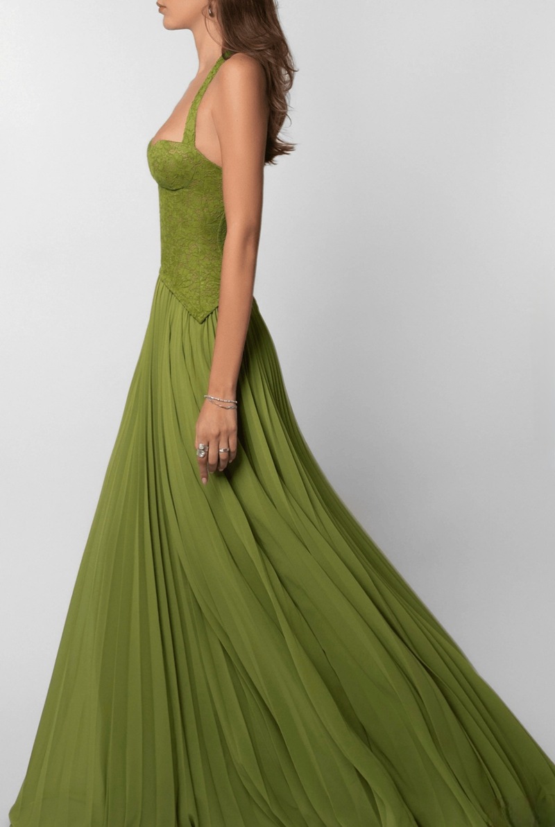 Casual Dresses Green Fishbone Corset Halter Maxi Dress Women Backless Off Shoulder Pleated Patchwork Slim Lady Christmas Party Gown