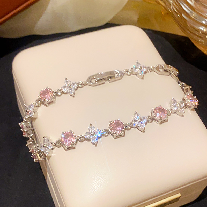 Designer 2026 French-style Pink Flower Buckle Cubic Zirconia Bracelet a luxurious and high - end hand bracelet with a sweet fashionable and uniquely d