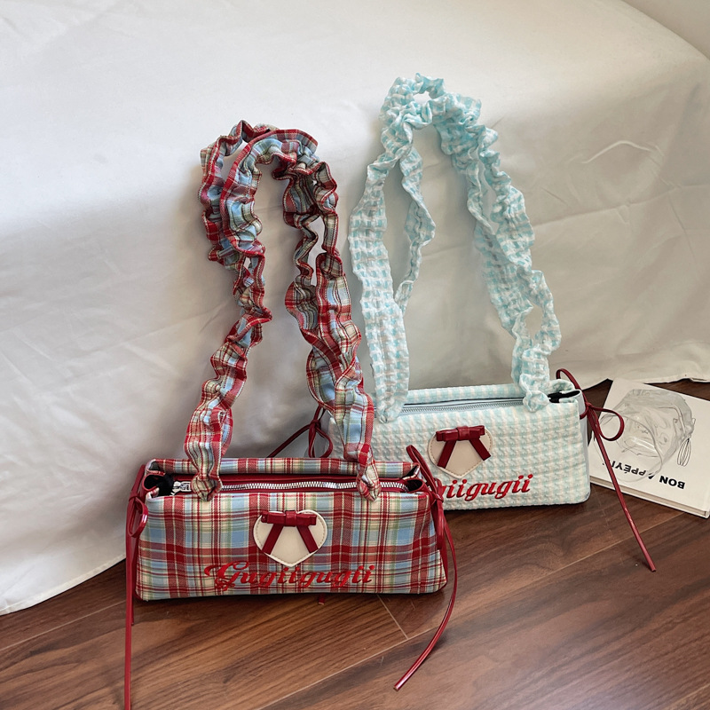 designer 2026 New Popular and Stylish Women's Handbag - Small - niche Checkered Bow - adorned Underarm Bag Dopamine - inspired Ruffled Shoulder B