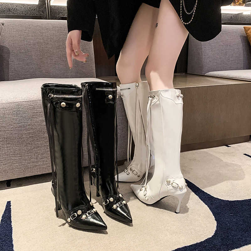 European and American pointed frill belt fashion long boots for women, new style, spring-autumn hipster, metal rivets, riding boots, feminine high-hee - view 5