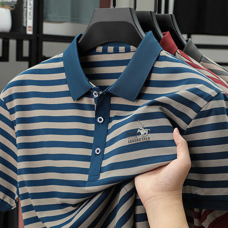 T-shirt Striped POLO Mercerized Cotton Short Sleeve Shirt Turn-down Collar Casual Versatile Business Mens Top