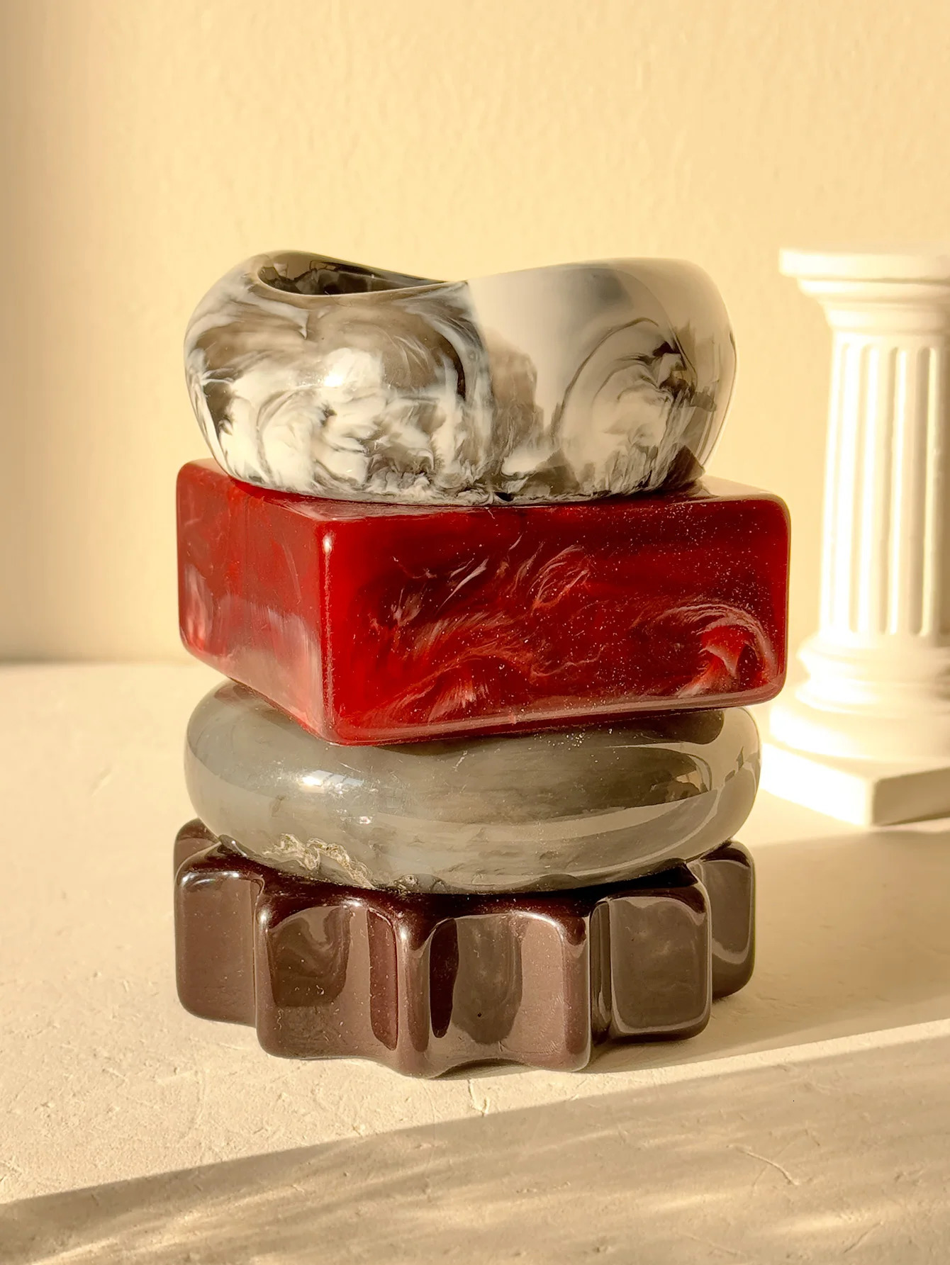 HUANZHI Vintage Red Grey White Blurred Geometric Irregular Resin Bracelet n Chunky Charms Bangles Jewelry for Women260528BJ - view 4