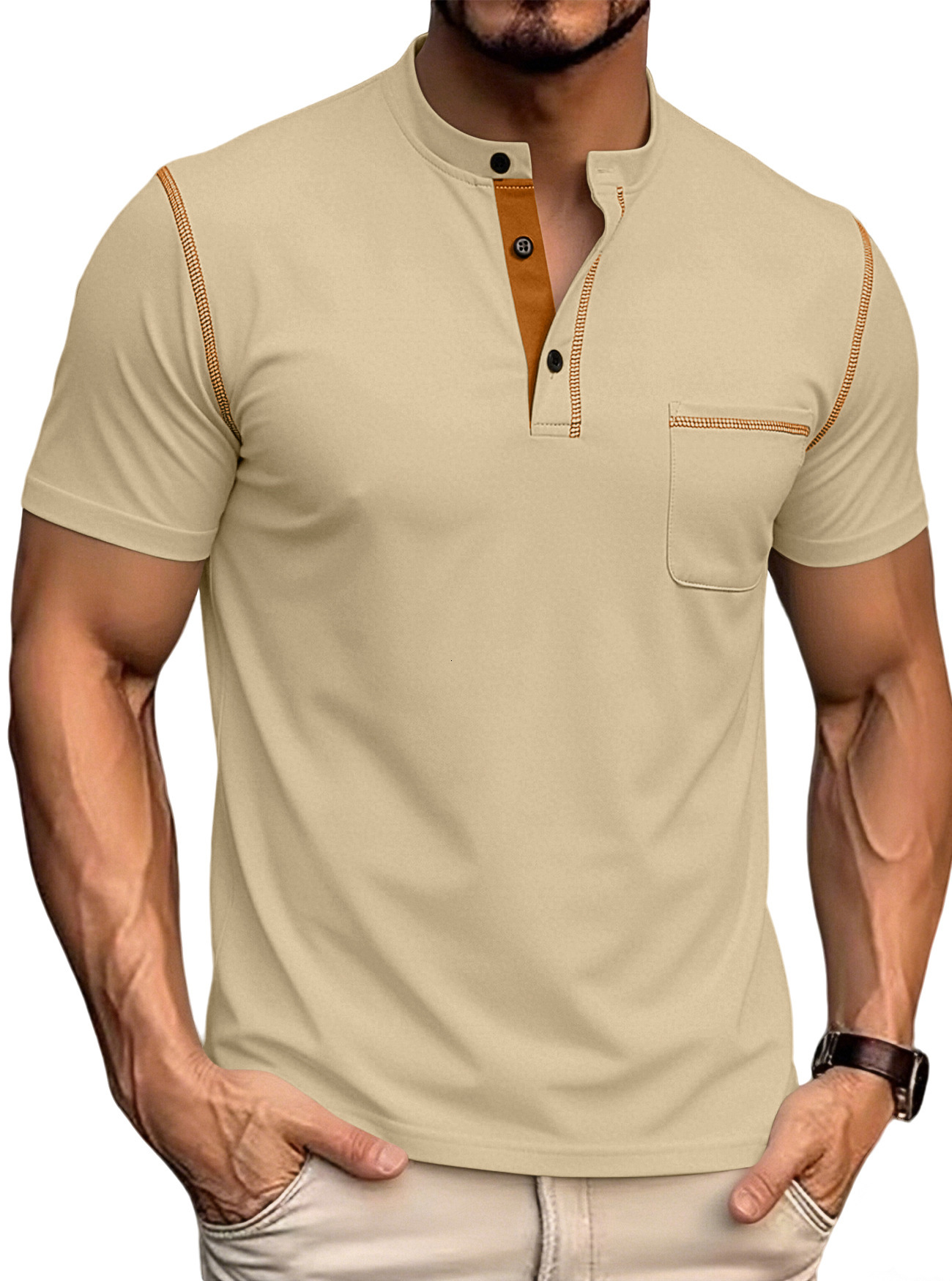 Small diagonal breathable short sleeved half buttoned Henry Polo shirt mens European and American plus size casual sports T-shirt