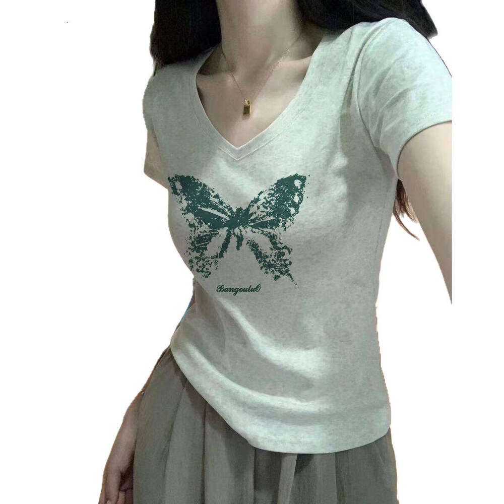 Neck Short Sleeve T Shirt For Women Summer Versatile Waist Cinching Slim Fit Hong Kong Chic Top - view 6