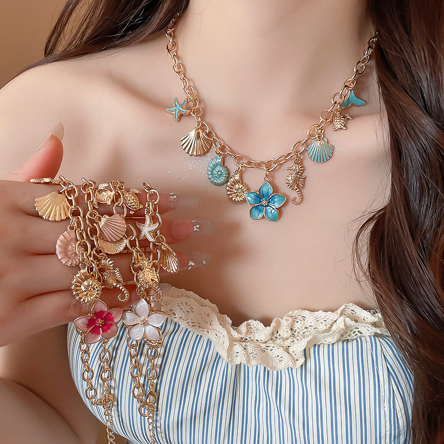 Summer vacation style ocean-themed zircon flower necklace, cross-border niche design clavicle chain, fresh and sweet neck chain - view 3