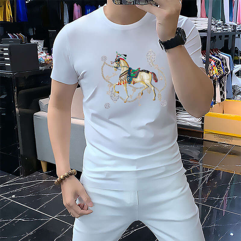 Ice Silk European Station 2026 Summer New Fashion Mens Trendy Rhinestone Short Sleeve T-Shirt Base Shirt