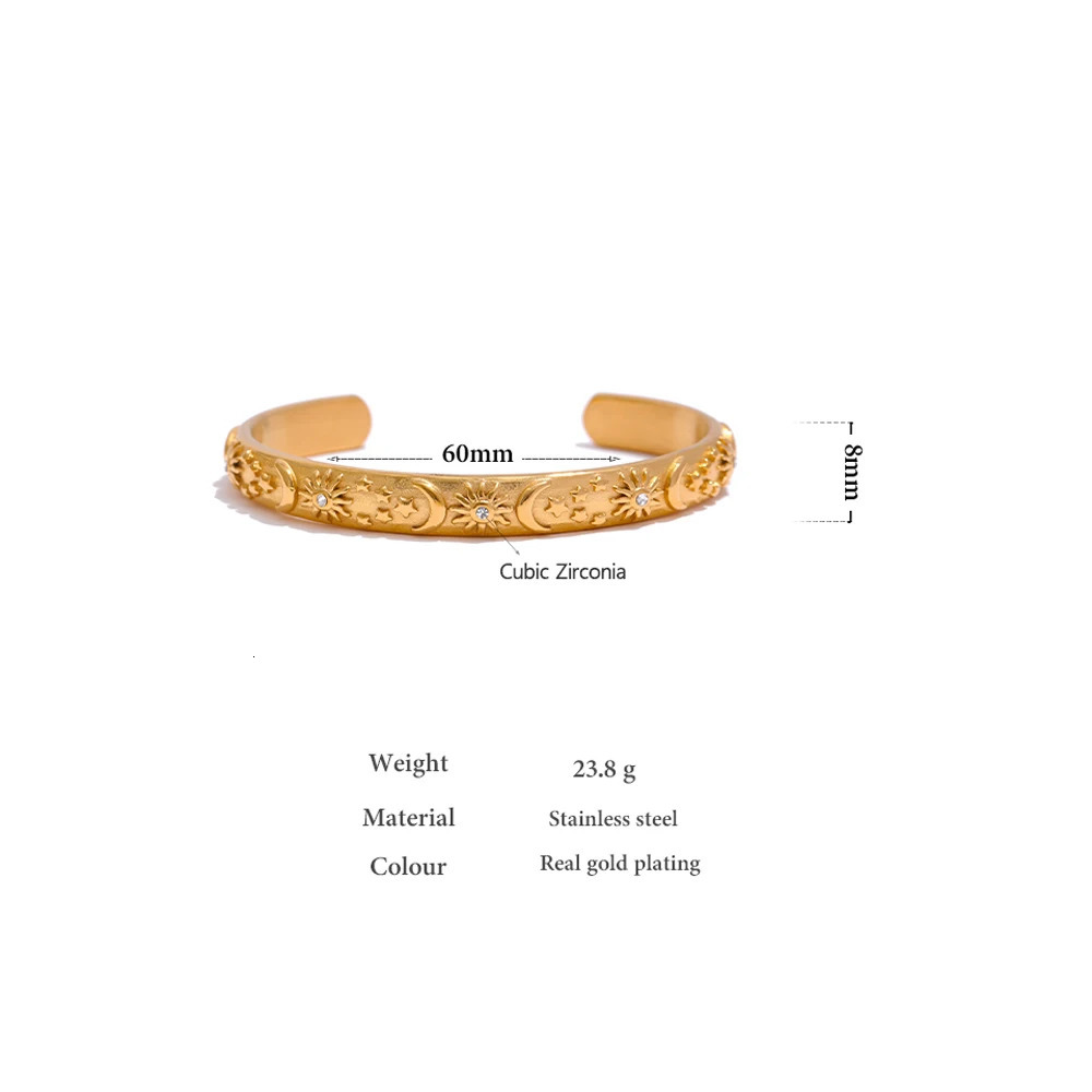 Yhpup Golden Stainless Steel Moon Star Sun Bangle Bracelet Stylish Metal Open Wrist Party Gift260528BJ - view 7