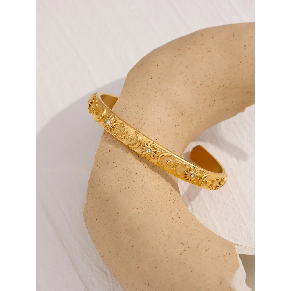 Yhpup Golden Stainless Steel Moon Star Sun Bangle Bracelet Stylish Metal Open Wrist Party Gift260528BJ - view 3
