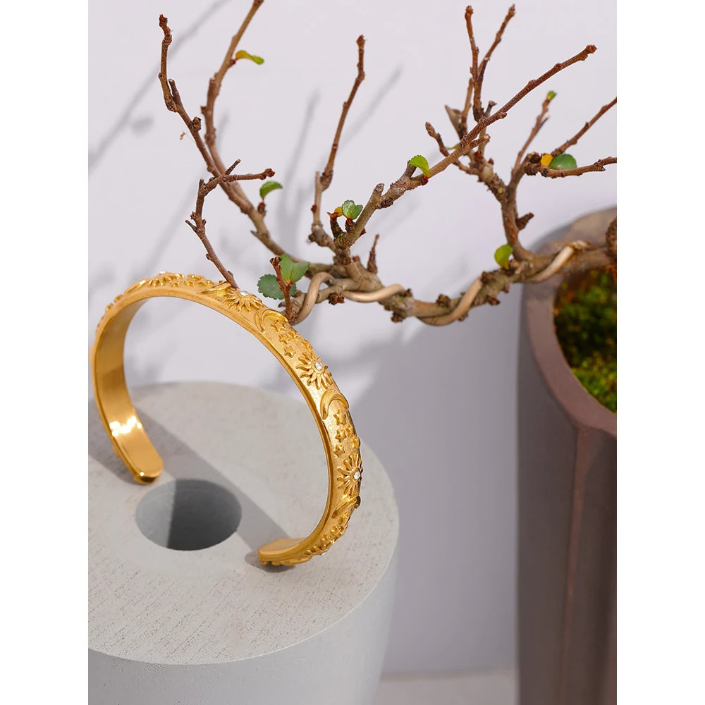Yhpup Golden Stainless Steel Moon Star Sun Bangle Bracelet Stylish Metal Open Wrist Party Gift260528BJ - view 6