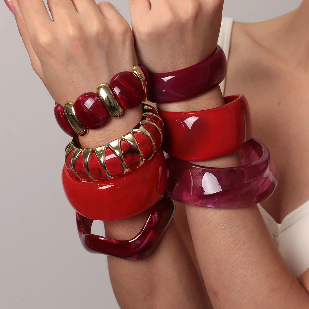 Fashion Dark Red Irregular Acrylic Bangle for Women Statement Resin Thick Geometric Cuff Bracelets Autumn Winter Jewelry Gift260528BJ - view 7