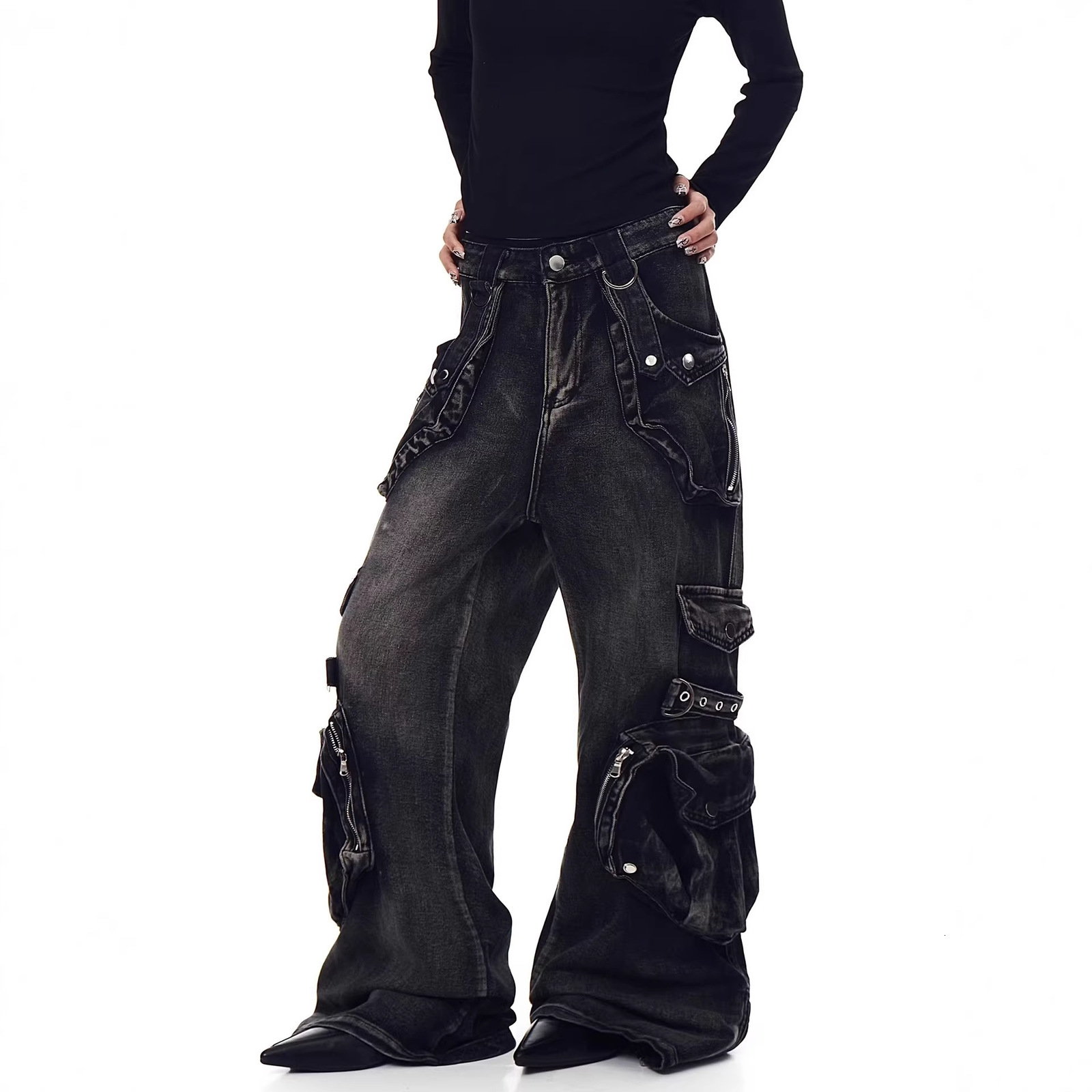 Gothic Harajuku Y2K Multi-Pocket Washed Black Jeans Men Fall Loose Drag Pants Street Hip Hop Rap 90s Spice Wide Leg Pants 250107 - view 4